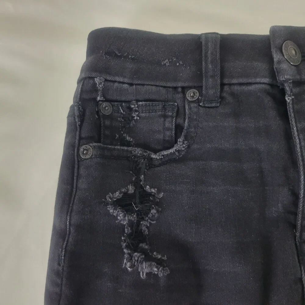 American Eagle Denim Mini Skirt Womens 00 Charcoal Destroyed‎ Raw Hem Distressed